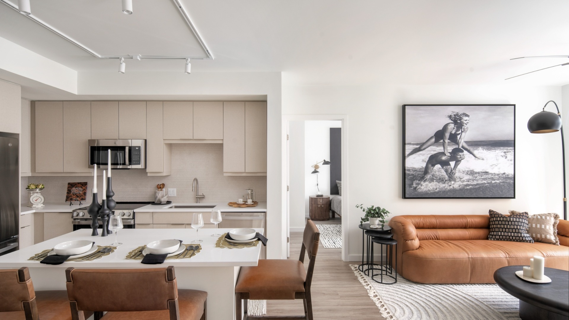 Kitchen, dining, & living room in one of Amara Wynwood's luxury apartments in Miami